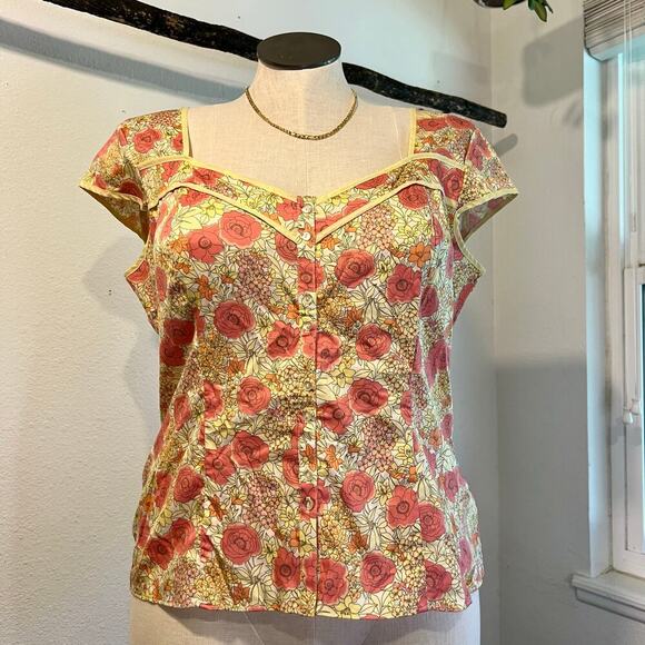 Pink & Yellow Mod Floral Print 100% Cotton Short Sleeve Top Size 16 Deadstock - Picture 1 of 10